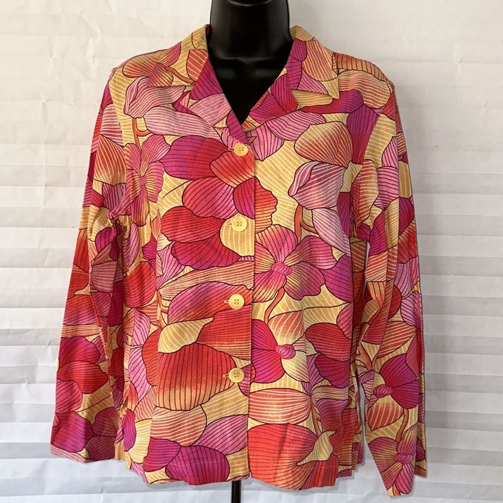 Coldwater Creek Women’s Button Down Jacket Size MP Yellow Red Pink Floral Print